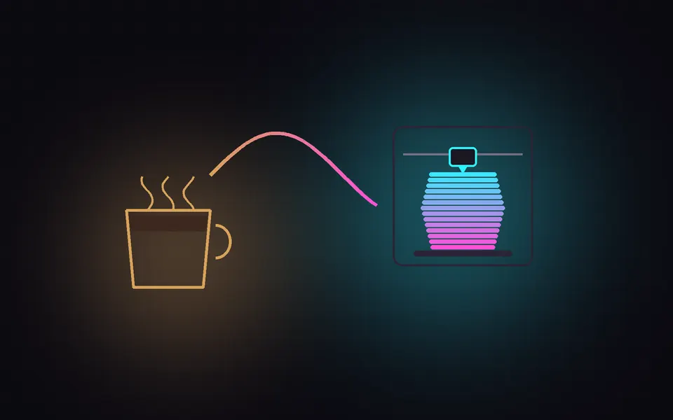 Illustration: a coffee cup whose steam turns into filament feeding a 3D printer