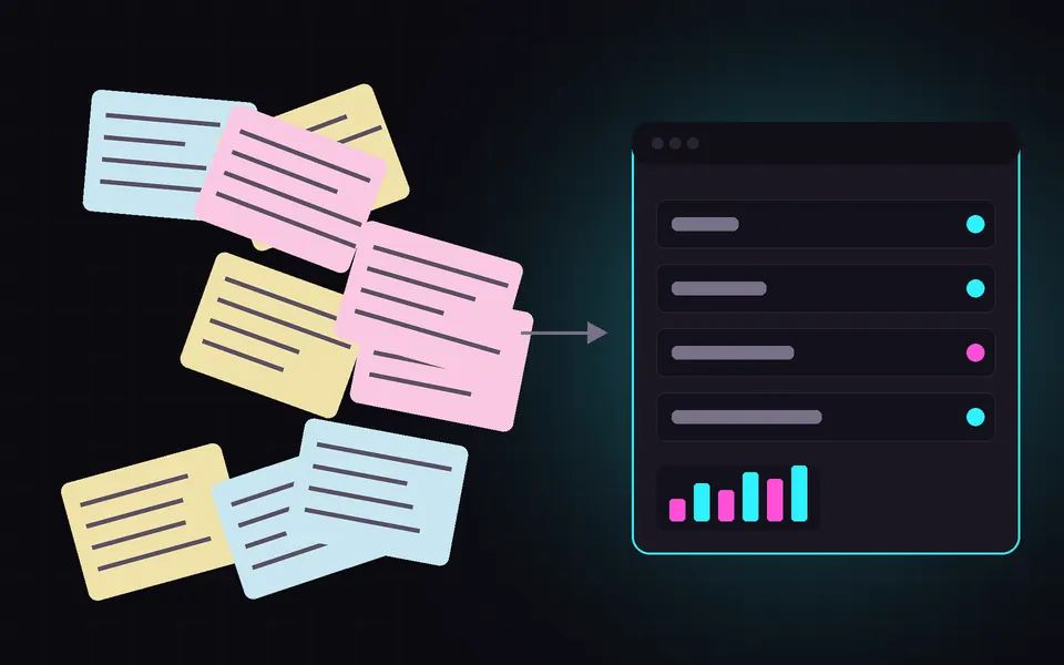 Illustration: scattered paper notes on one side, a tidy dashboard on the other